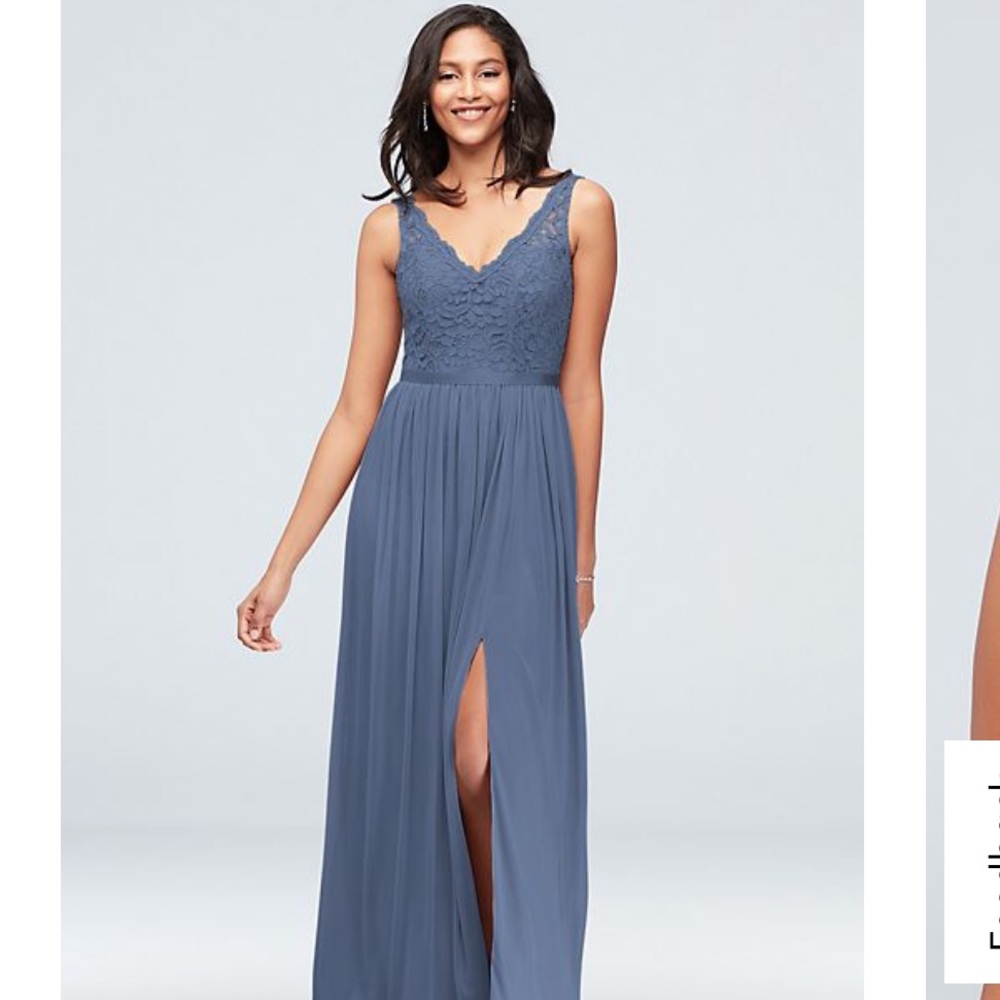 lace and mesh v-neck bridesmaid dress steel blue

STYLE# F20057